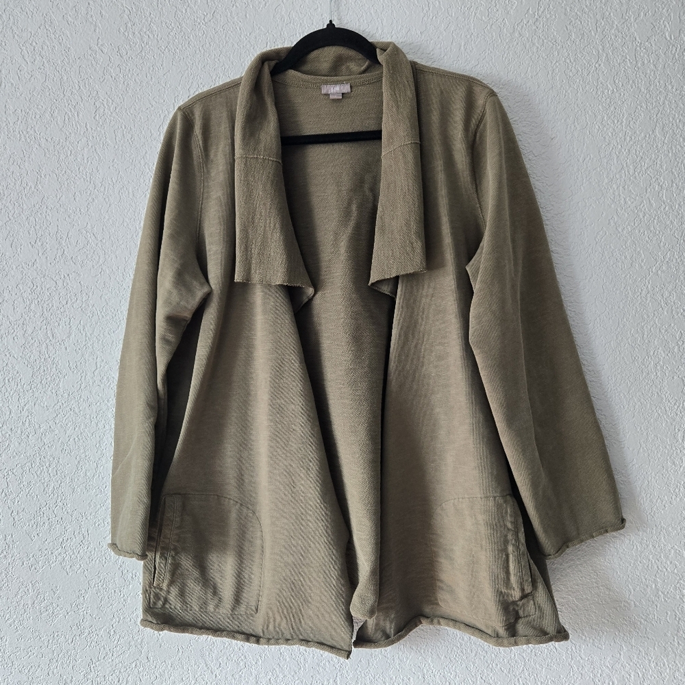 J. Jill Womens Large Olive Green 100% Cotton Open Front Shawl Cardigan Jacket